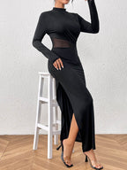 Honey Slit Mock Neck Long Sleeve Maxi Dress - Delanoir