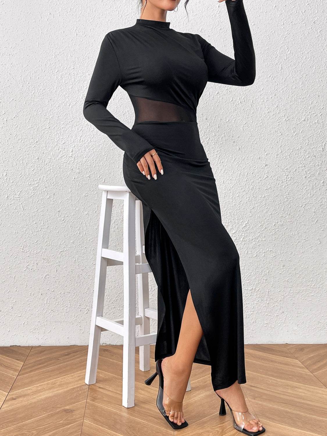 Honey Slit Mock Neck Long Sleeve Maxi Dress - Delanoir