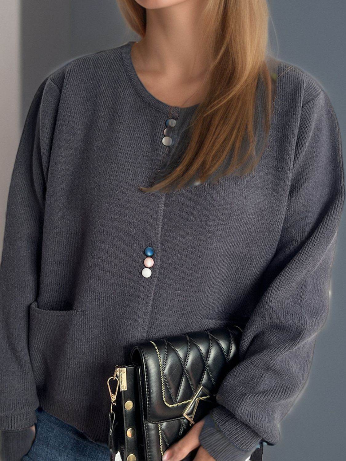 Button Down Long Sleeve Cardigan with Pockets - Delanoir