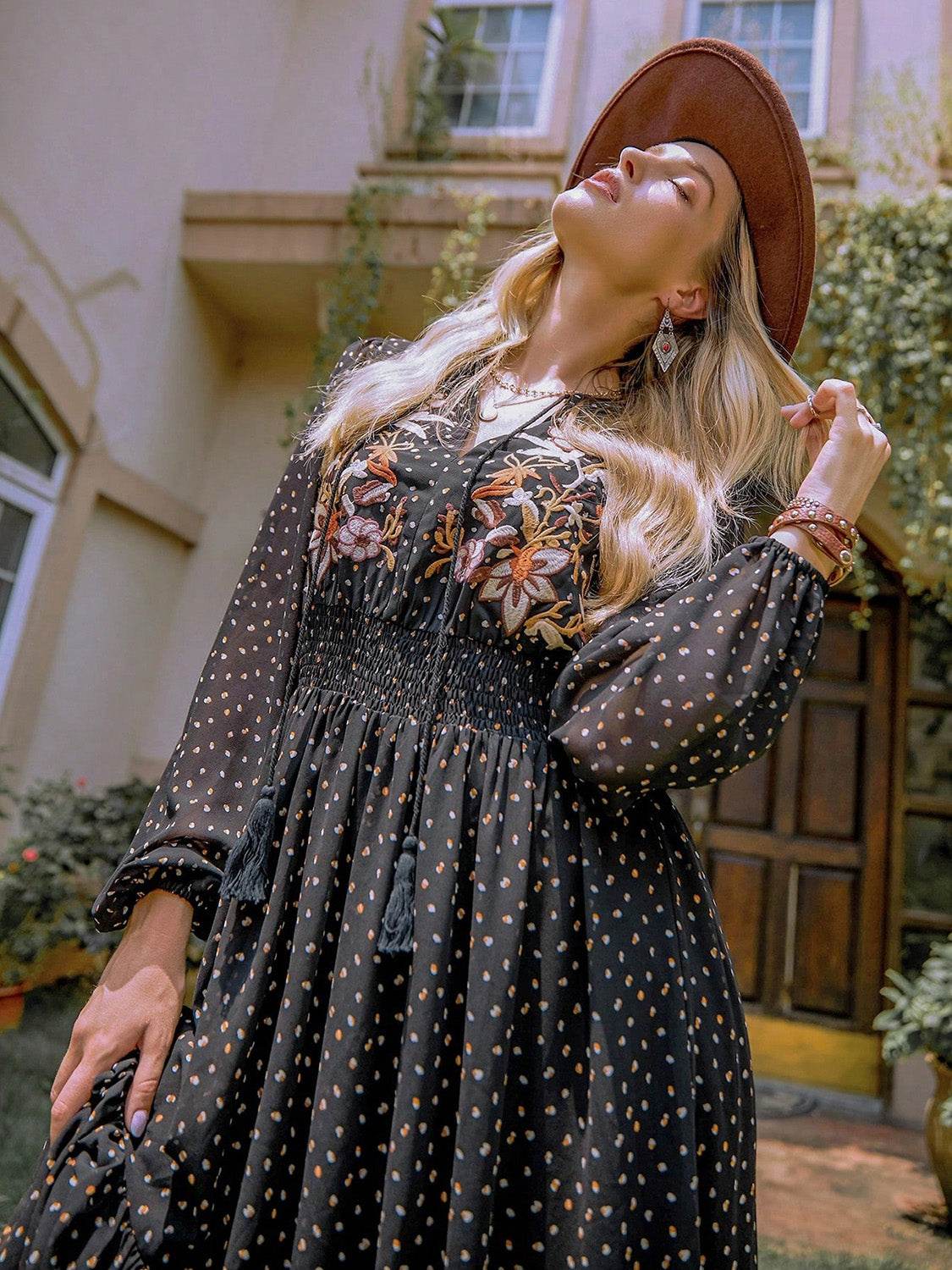 Embroidered Polka Dot Tie Neck Long Sleeve Midi Dress - Delanoir