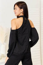 Perfee Grecian Cold Shoulder Long Sleeve Blouse - Delanoir