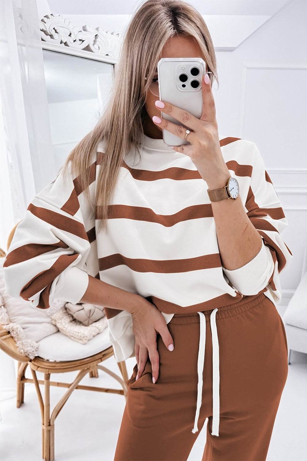 Striped Round Neck Long Sleeve Top and Pants Set - Delanoir