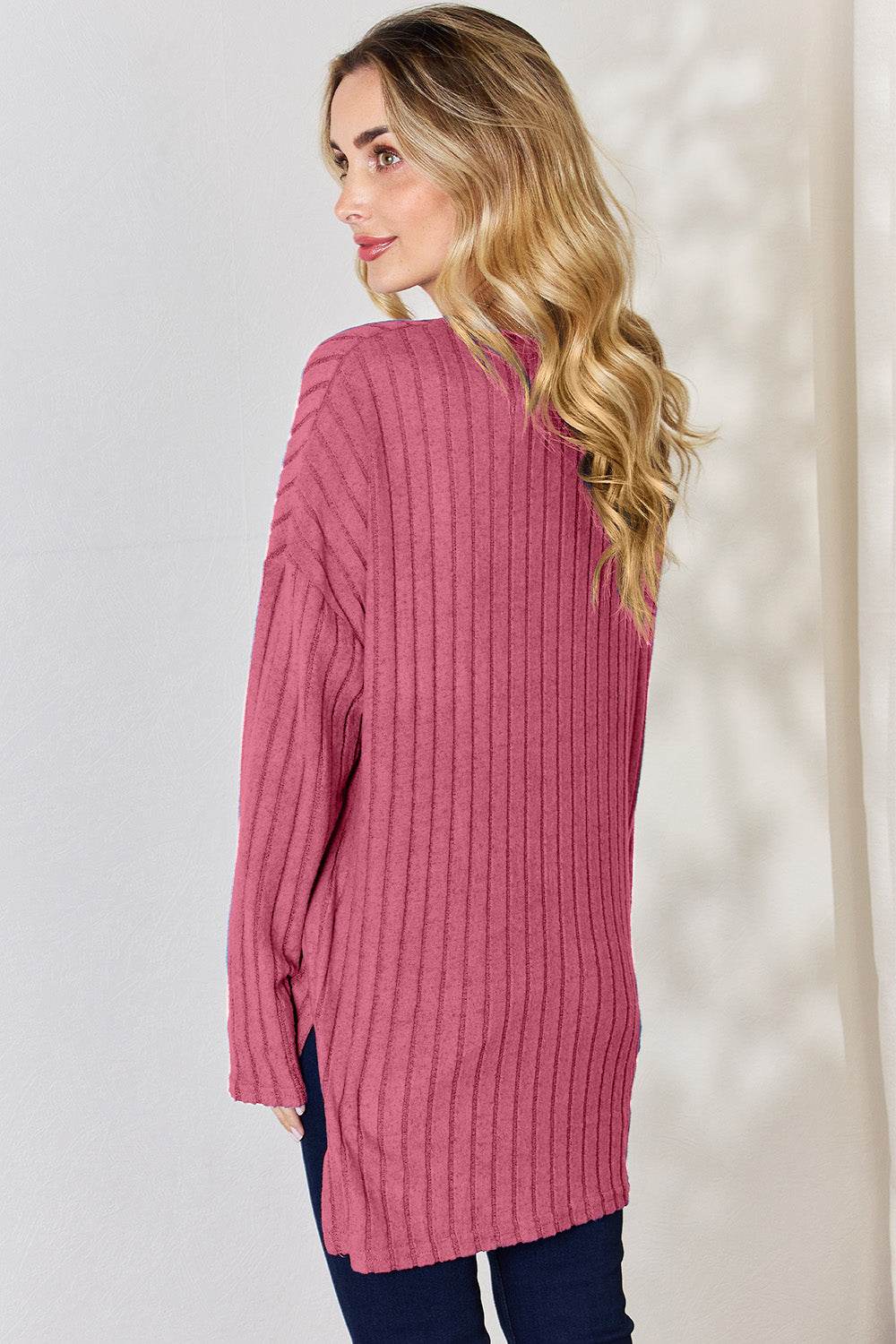 Basic Bae Full Size Ribbed Half Button Long Sleeve High-Low T-Shirt - Delanoir