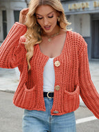 Round Neck Button Up Cardigan with Pockets - Delanoir