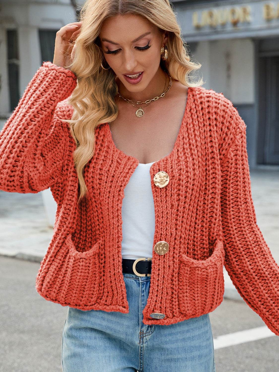 Round Neck Button Up Cardigan with Pockets - Delanoir
