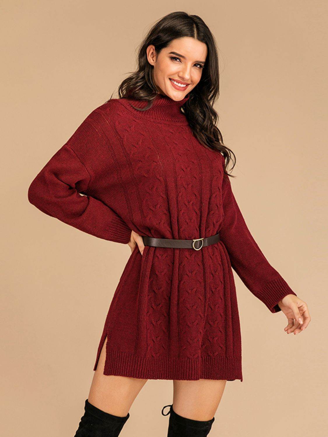 Perfee Slit Turtleneck Long Sleeve Mini Sweater Dress - Delanoir