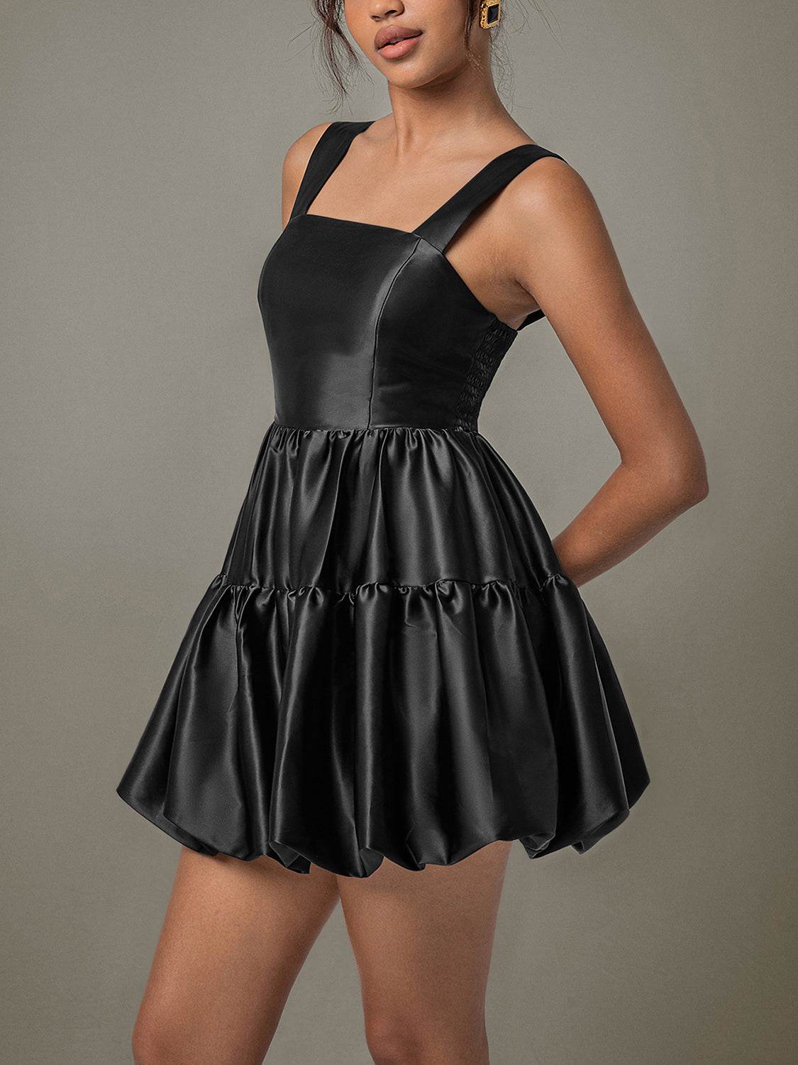 Ruched Square Neck Wide Strap Mini Dress - Delanoir