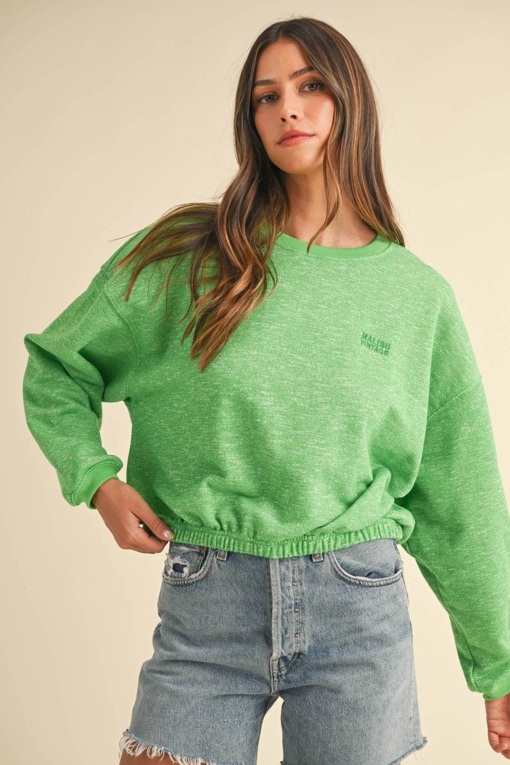 Mable Round Neck Letter Embroidery Crop Sweatshirt - Delanoir