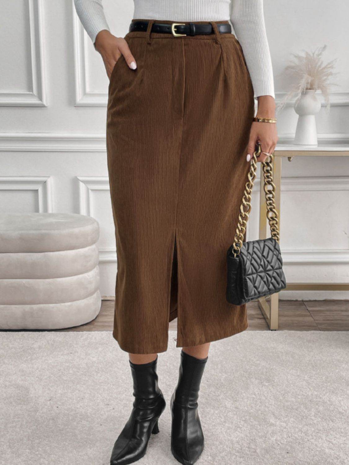 Perfee Slit Midi Skirt with Pockets - Delanoir
