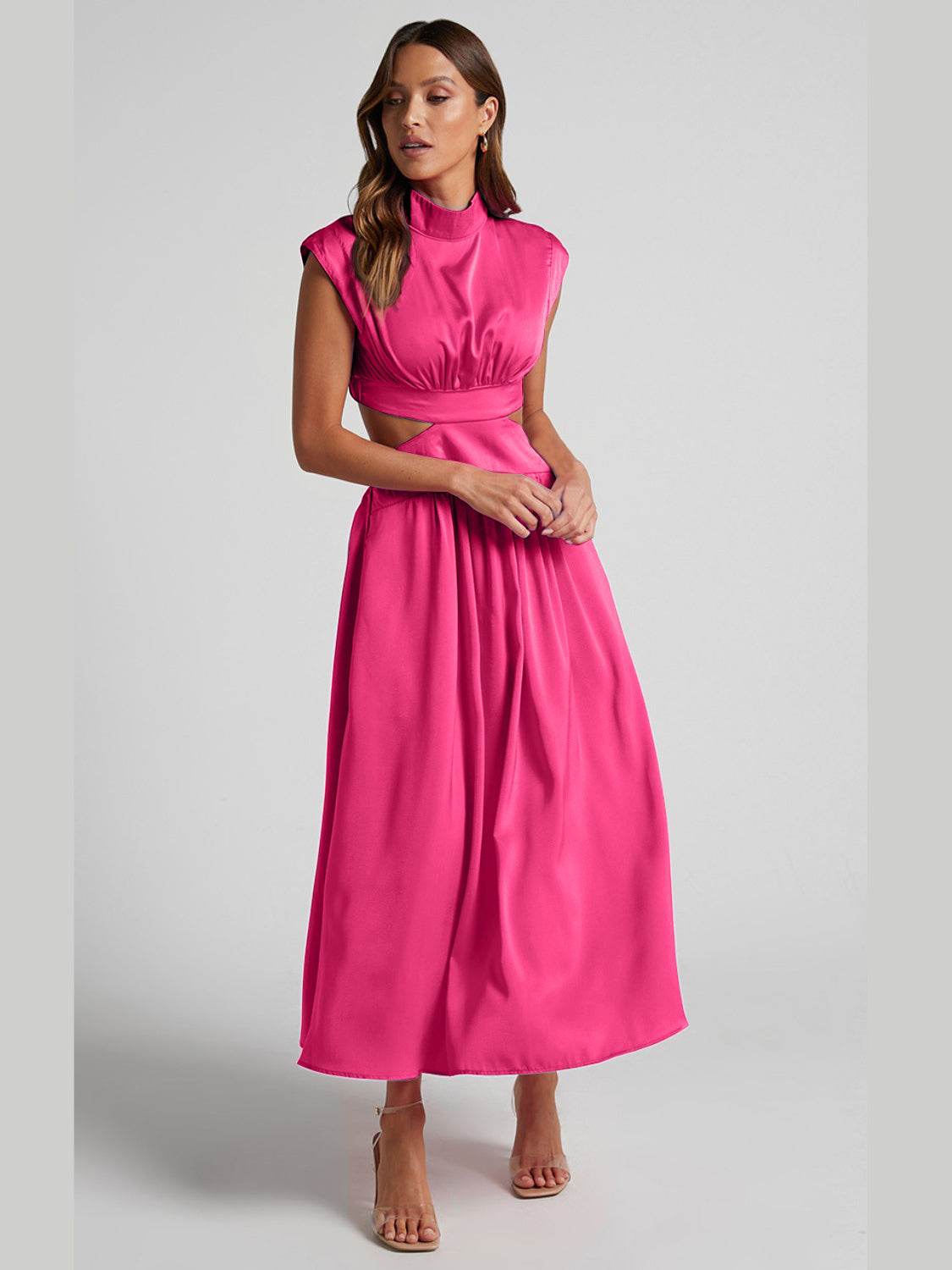 Cutout Mock Neck Sleeveless Ruched Dress - Delanoir