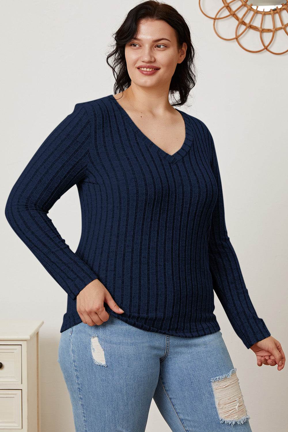 Basic Bae Full Size Ribbed V-Neck Long Sleeve T-Shirt - Delanoir