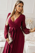 Lace Detail Surplice Tie-Waist Maxi Dress - Delanoir