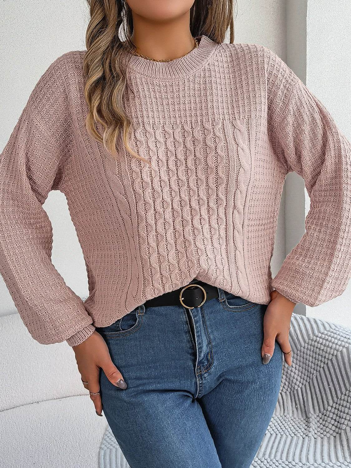 Cable-Knit Round Neck Long Sleeve Sweater - Delanoir