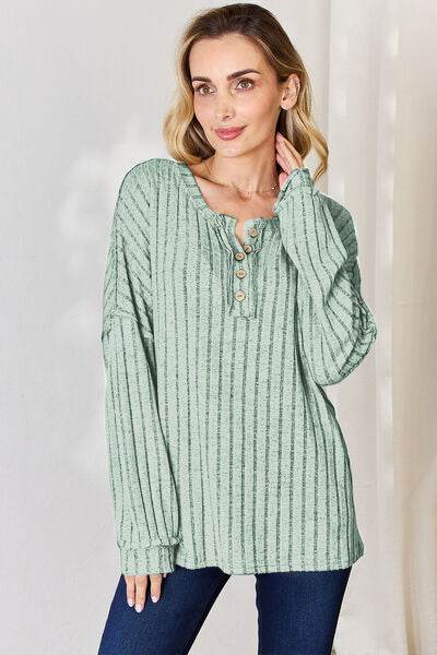 Basic Bae Full Size Ribbed Half Button Long Sleeve T-Shirt - Delanoir