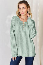 Basic Bae Full Size Ribbed Half Button Long Sleeve T-Shirt - Delanoir