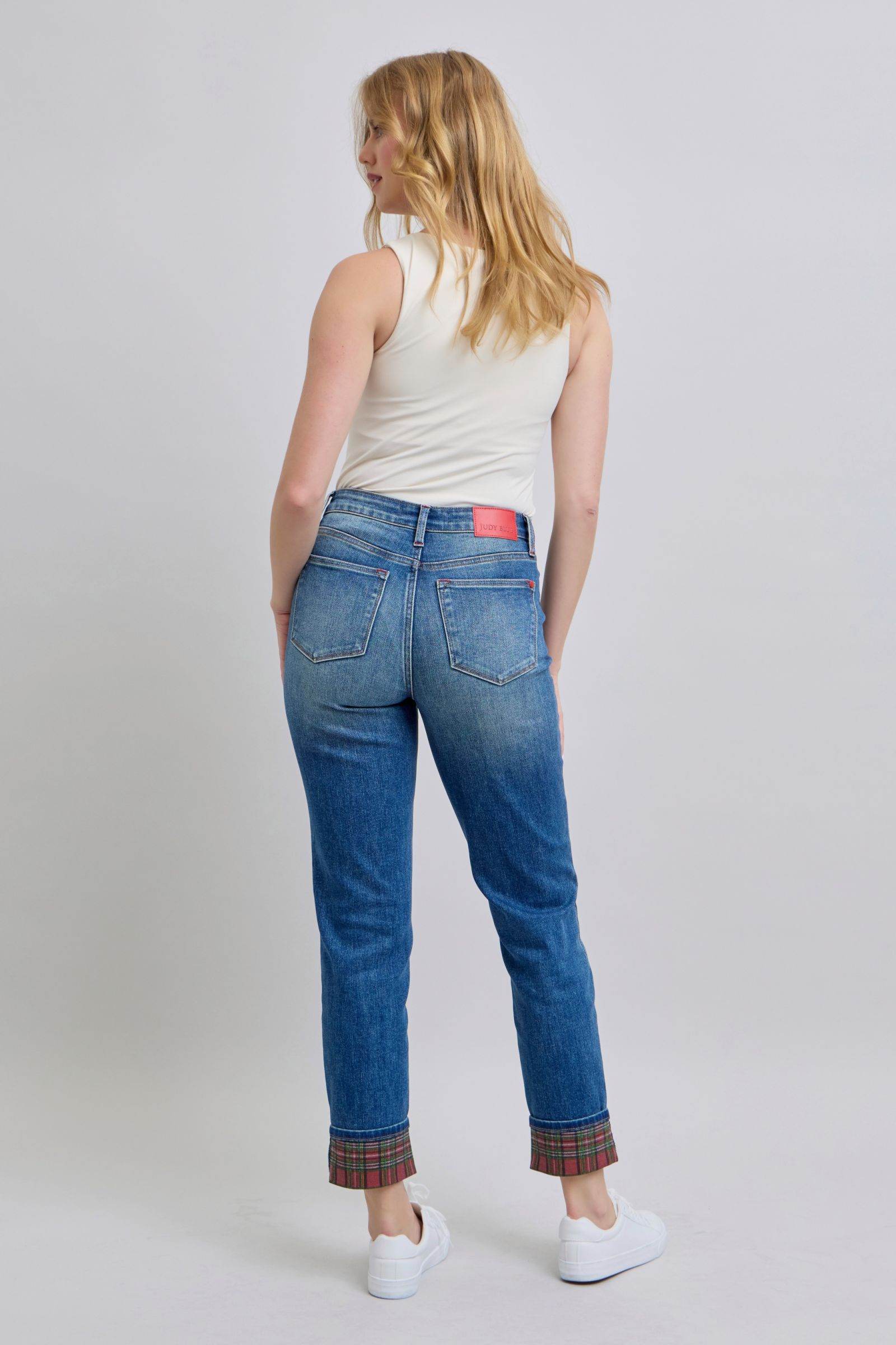 Judy Blue Full Size Plaid Print Cuff Straight Leg Jeans with Pockets - Delanoir