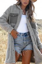 Collared Neck Long Sleeve Longline Teddy Jacket - Delanoir