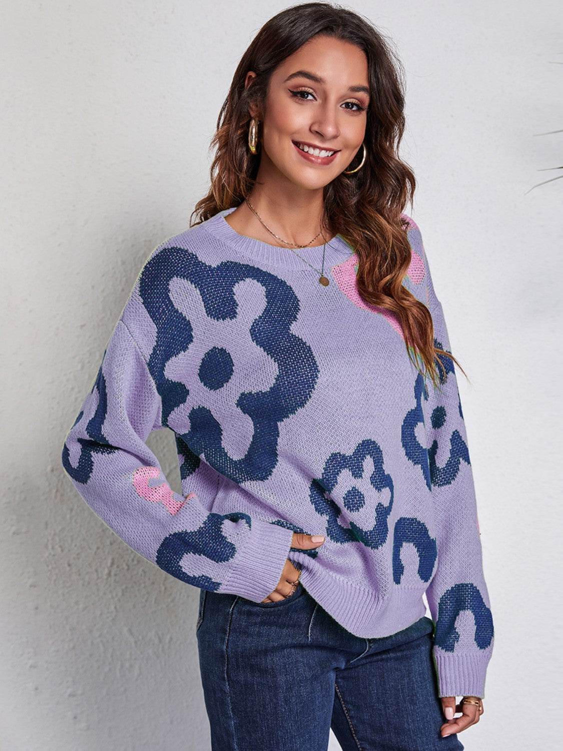 Flower Pattern Round Neck Long Sleeve Sweater - Delanoir