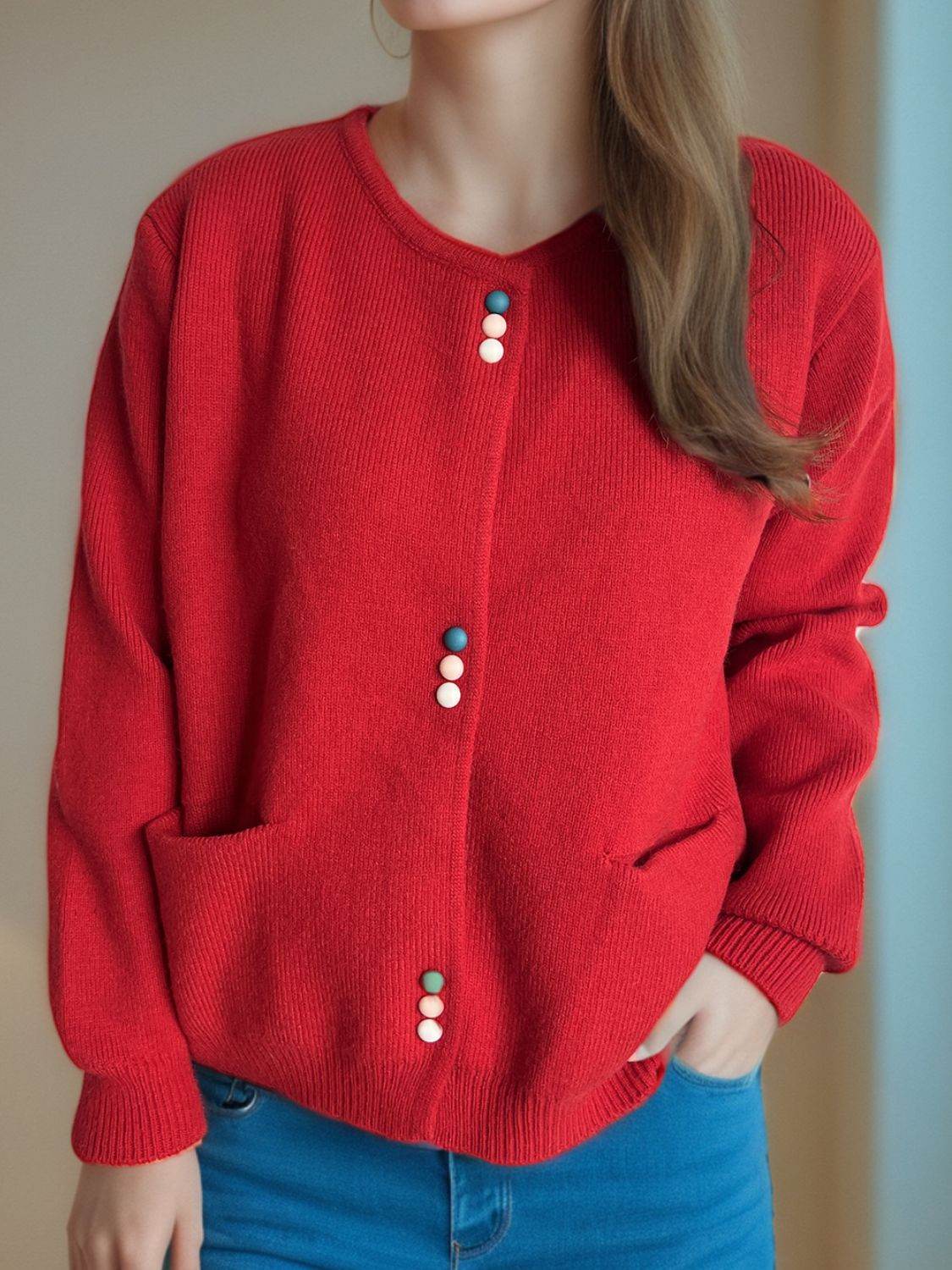 Button Down Long Sleeve Cardigan with Pockets - Delanoir