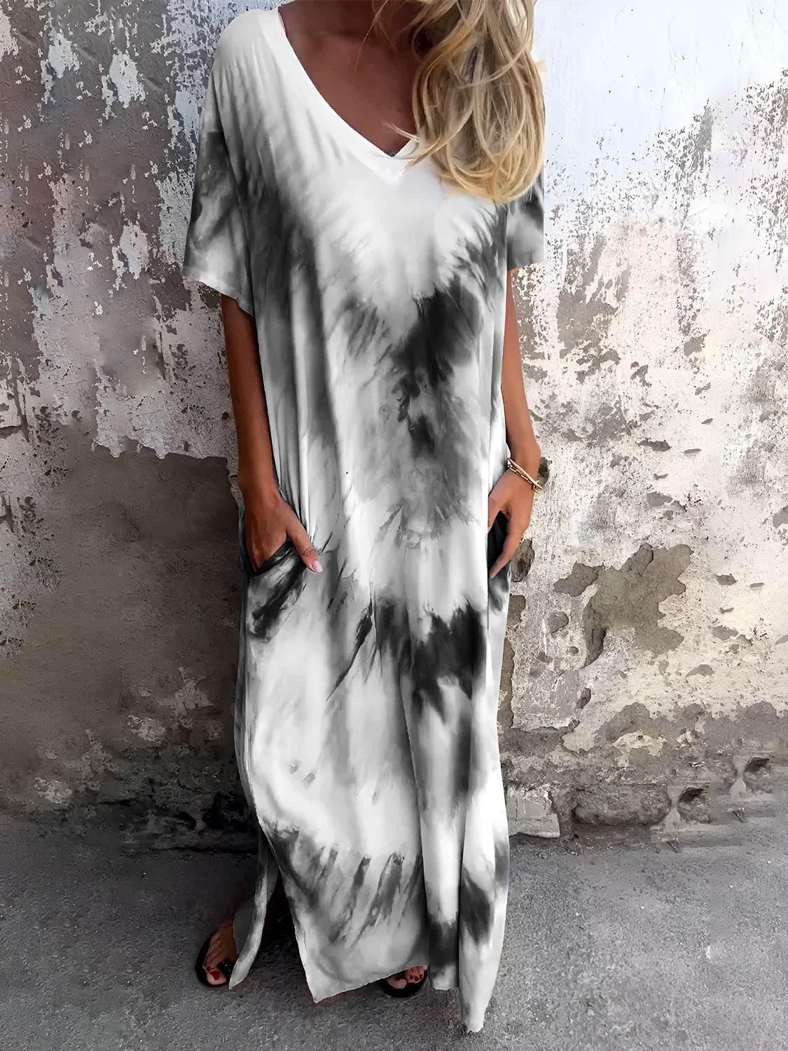 Full Size Pocketed Tie-Dye Short Sleeve Dress - Delanoir