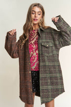 J.NNA Snap Down Tweed Plaid Contrast Longline Shacket - Delanoir