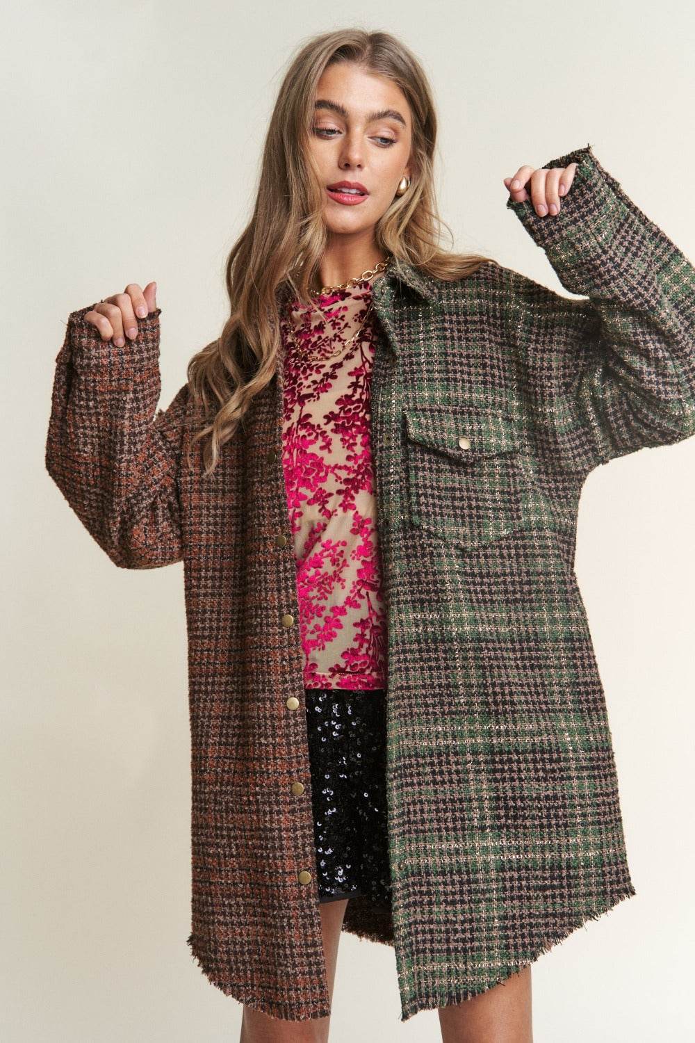J.NNA Snap Down Tweed Plaid Contrast Longline Shacket - Delanoir
