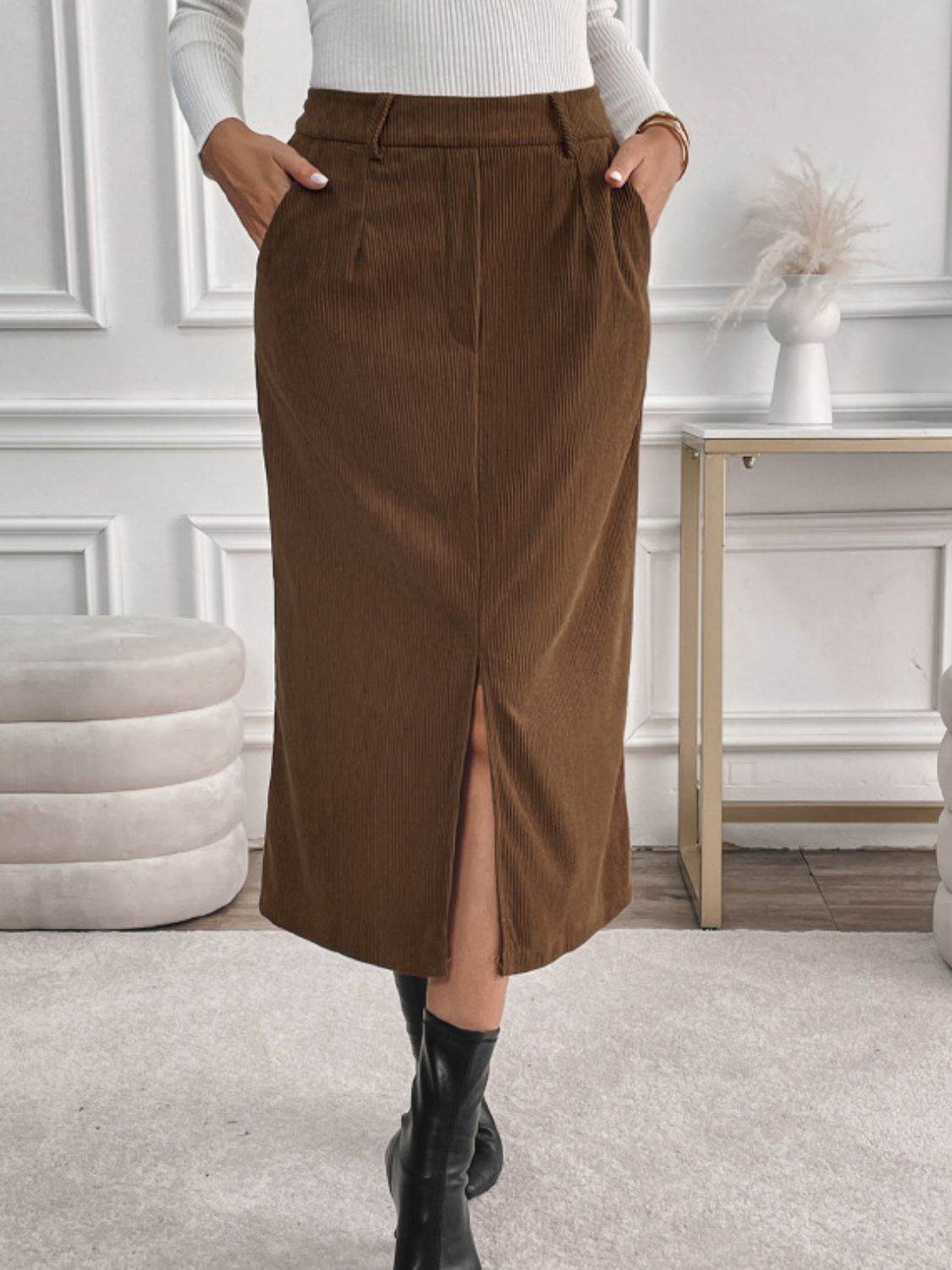 Perfee Slit Midi Skirt with Pockets - Delanoir