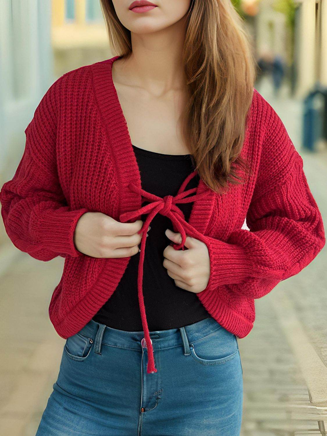 Tied Dropped Shoulder Long Sleeve Cardigan - Delanoir
