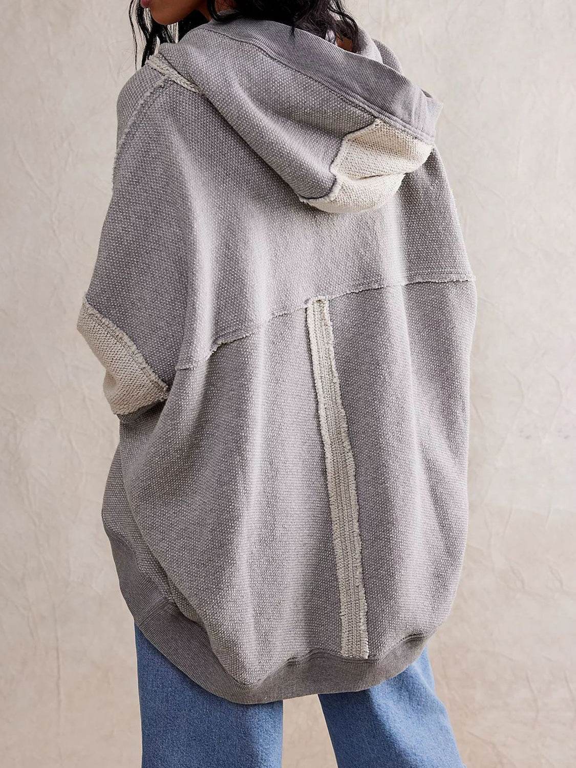Exposed Seam Open Front Batwing Sleeve Hooded Cardigan - Delanoir