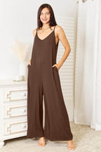 Double Take Full Size Soft Rayon Spaghetti Strap Tied Wide Leg Jumpsuit - Delanoir
