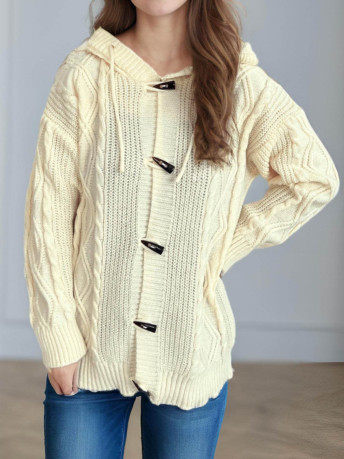Cable-Knit Long Sleeve Hooded Cardigan - Delanoir