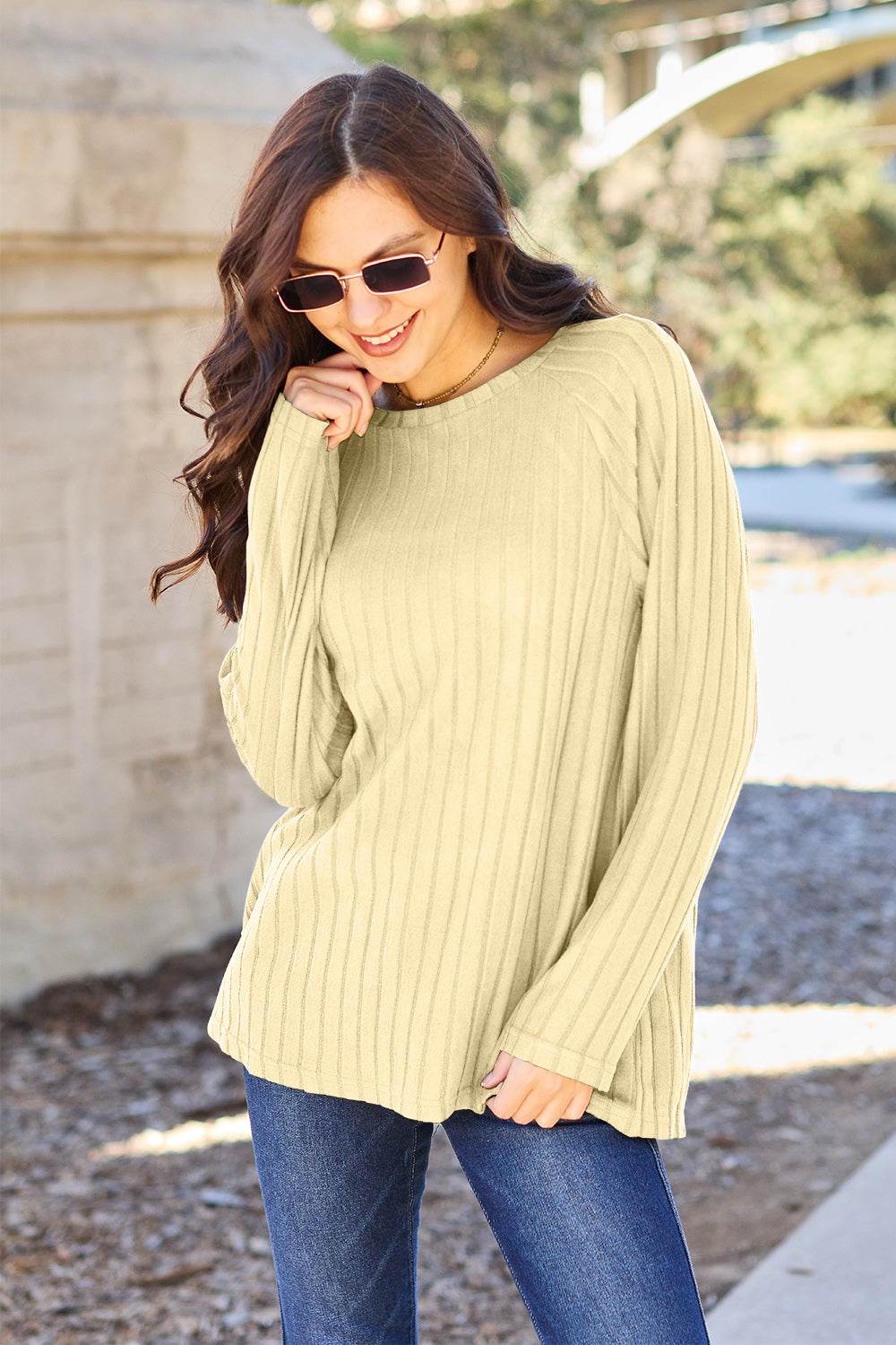 Basic Bae Full Size Ribbed Round Neck Long Sleeve Knit Top - Delanoir