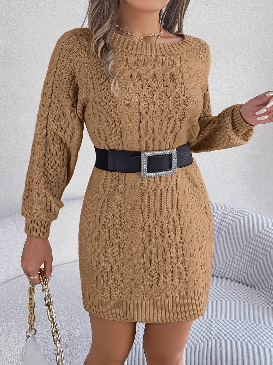 Cable-Knit Round Neck Sweater Dress - Delanoir