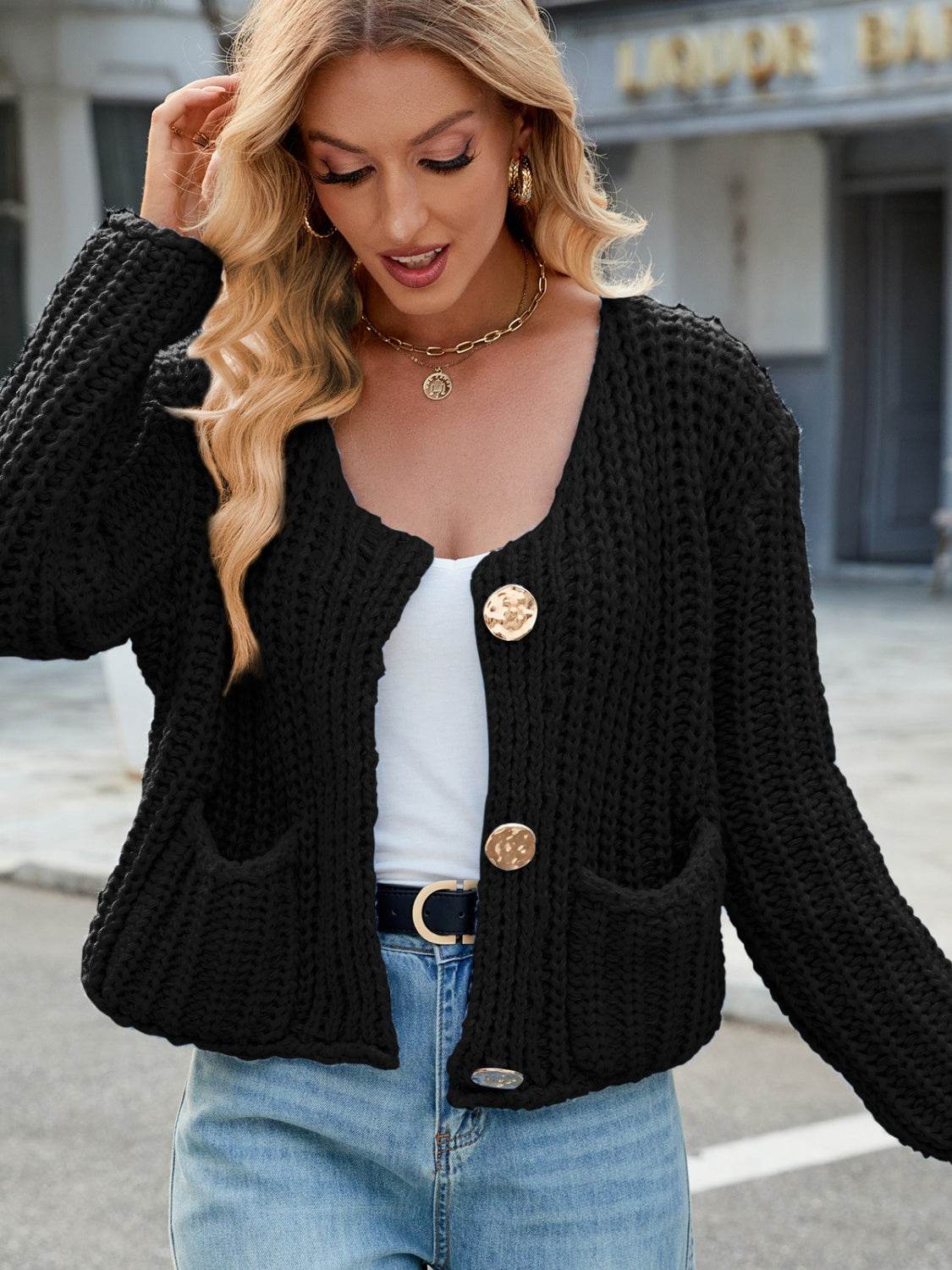Round Neck Button Up Cardigan with Pockets - Delanoir