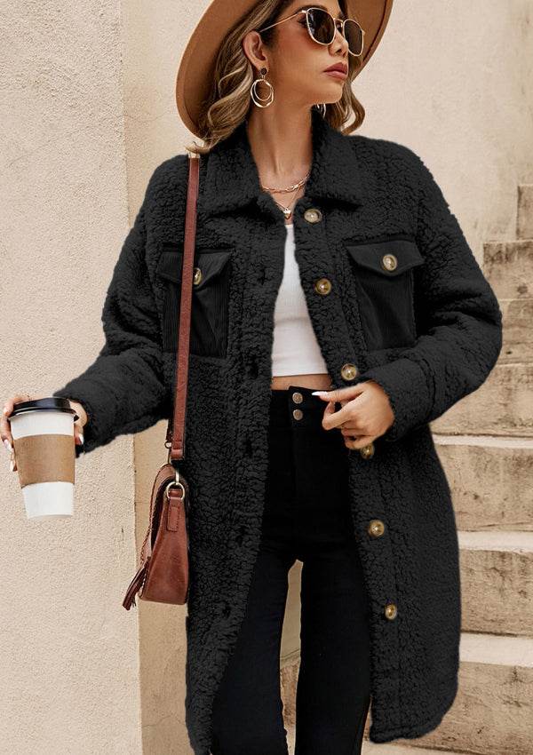 Collared Neck Long Sleeve Longline Teddy Jacket - Delanoir