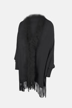 Fringe Open Front Long Sleeve Poncho - Delanoir