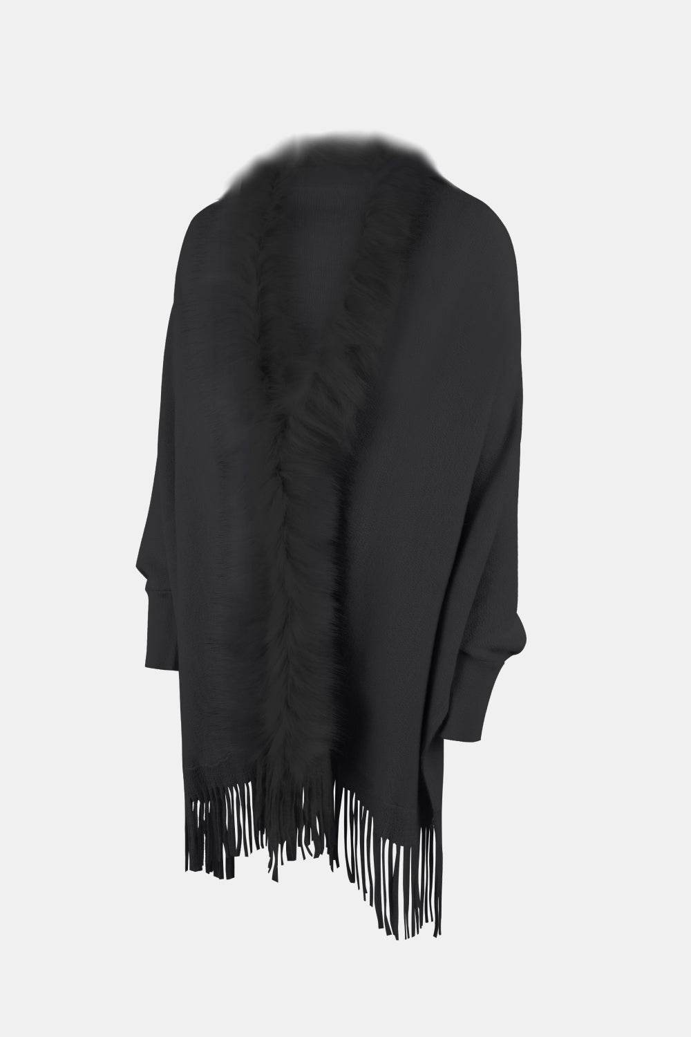 Fringe Open Front Long Sleeve Poncho - Delanoir