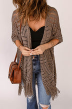Fringe Hem Slit Open Front Cardigan - Delanoir