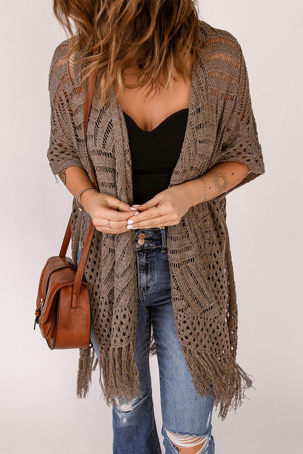 Fringe Hem Slit Open Front Cardigan - Delanoir