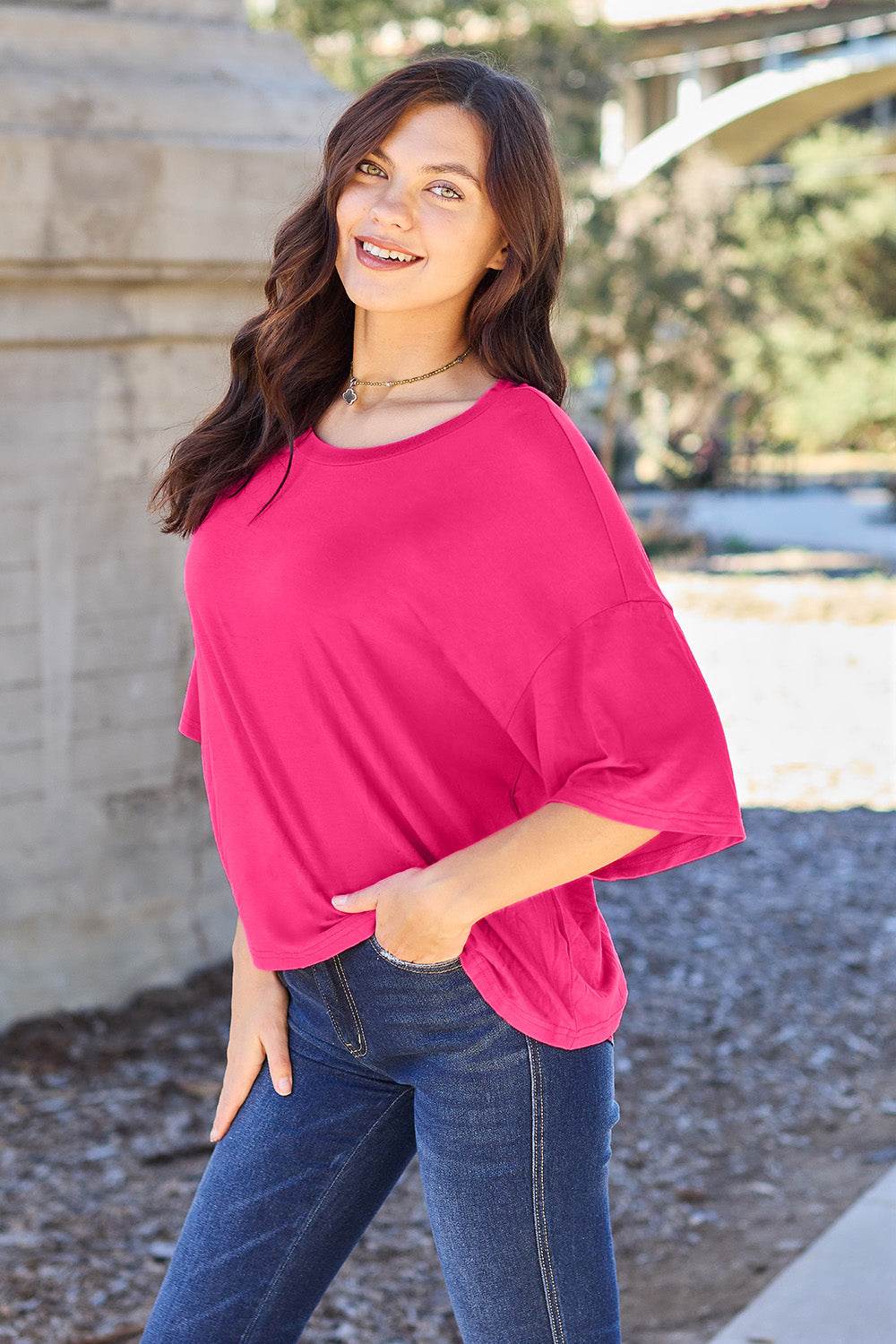 Basic Bae Full Size Round Neck Drop Shoulder T-Shirt - Delanoir