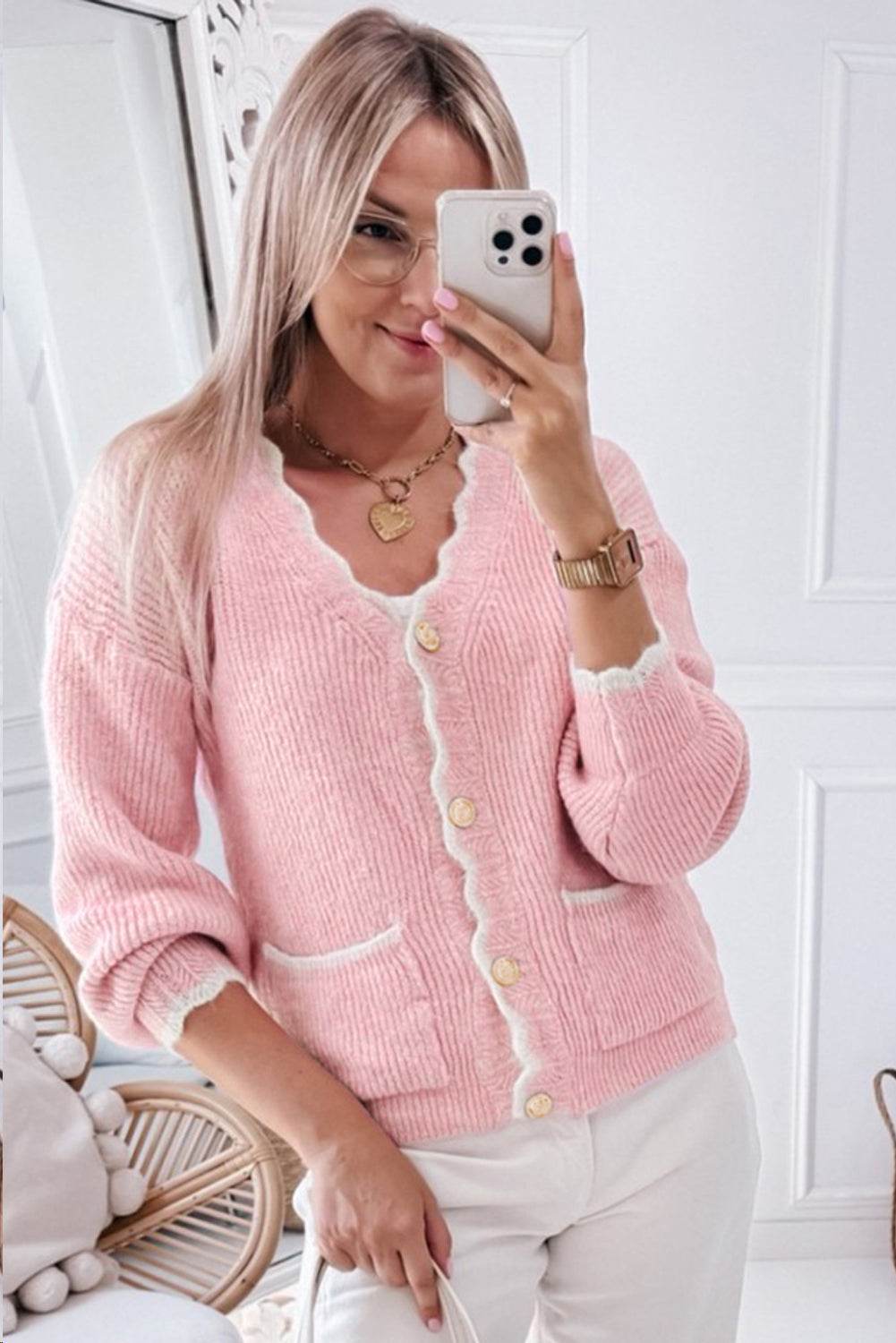 Contrast Trim V-Neck Long Sleeve Cardigan - Delanoir