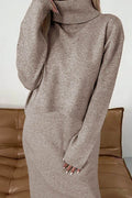 Turtleneck Dropped Shoulder Sweater and Midi Dress Sweater Set - Delanoir