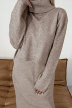 Turtleneck Dropped Shoulder Sweater and Midi Dress Sweater Set - Delanoir