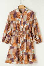 Printed Collared Neck Three-Quarter Sleeve Mini Shirt Dress - Delanoir