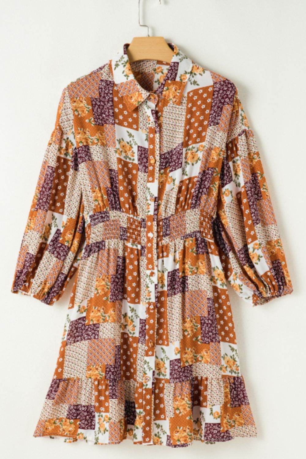 Printed Collared Neck Three-Quarter Sleeve Mini Shirt Dress - Delanoir