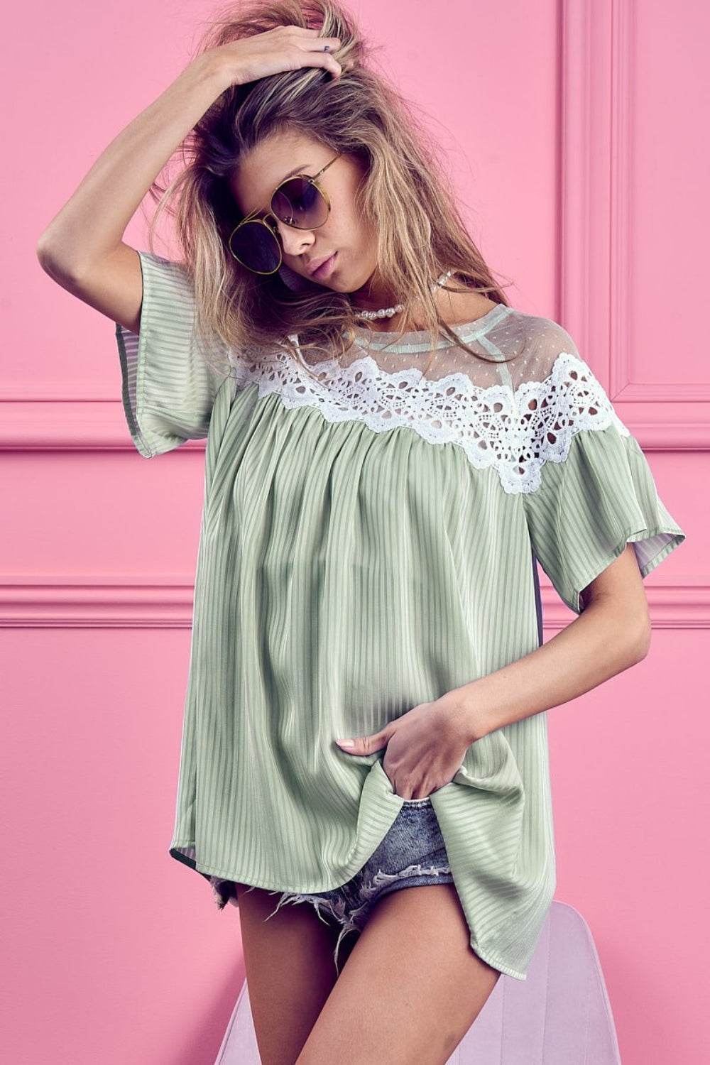 BiBi Lace Detail Short Sleeve Striped Blouse - Delanoir