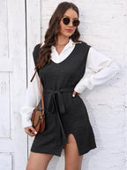 Tie Front V-Neck Sleeveless Slit Sweater Dress - Delanoir