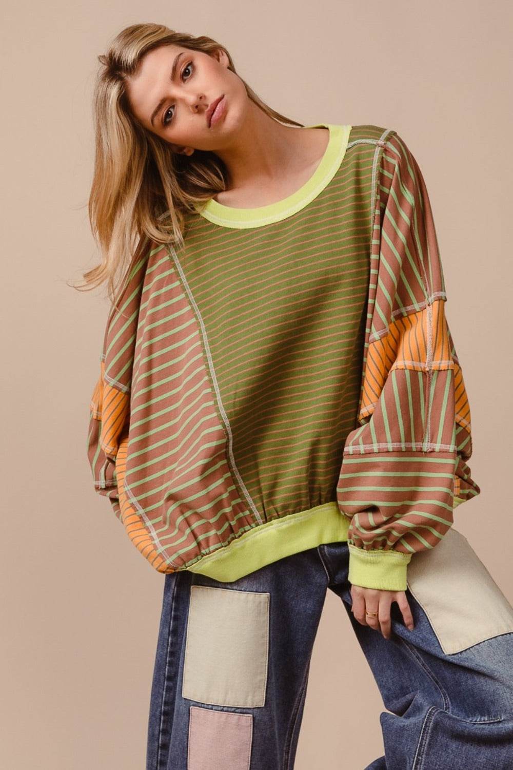 BiBi Color Block Striped Round Neck Sweatshirt - Delanoir
