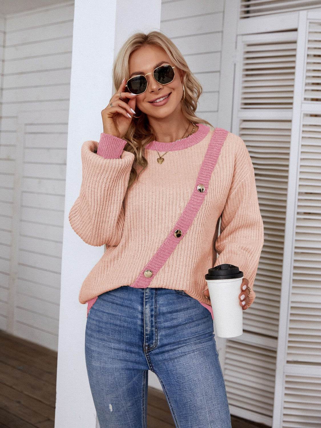 Decorative Button Round Neck Sweater - Delanoir