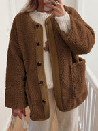 Contrast Button Up Sherpa Jacket with Pockets - Delanoir